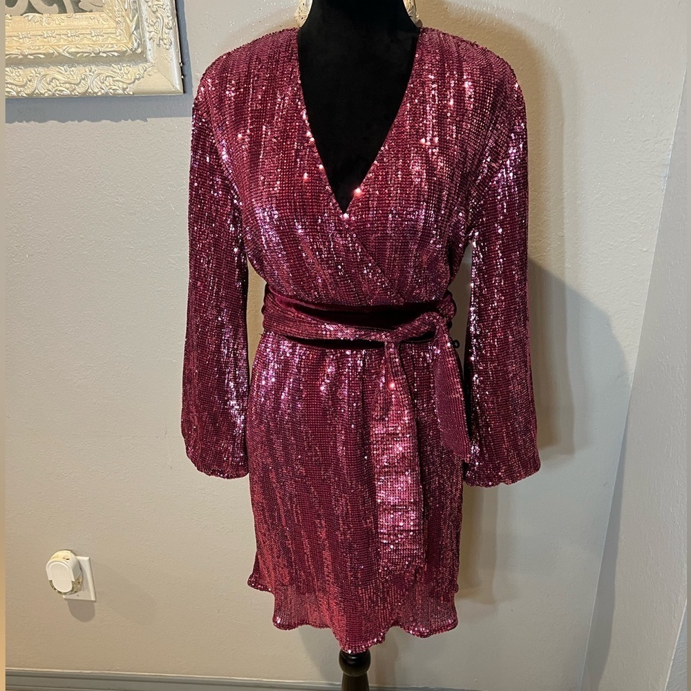 Akira Cranberry maroon color Sequin Wrap Dress in Pink